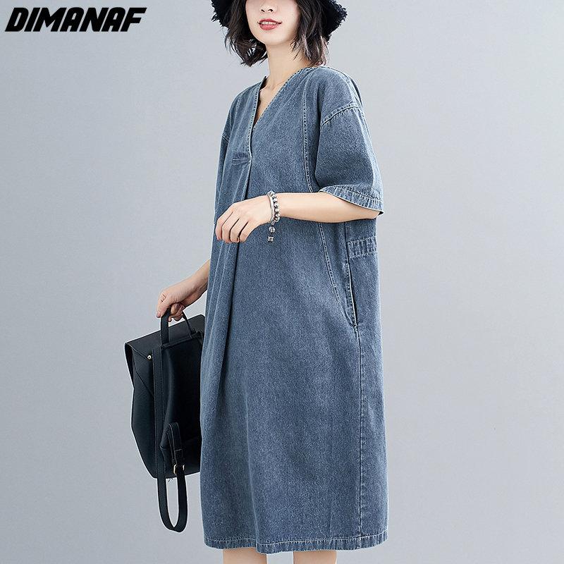 DIMANAF Women 2023 New Summer Dress Denim Short Sleeve Dress V-Neck Elegant Long Dress Loose Dress Blue Basic Dresses
