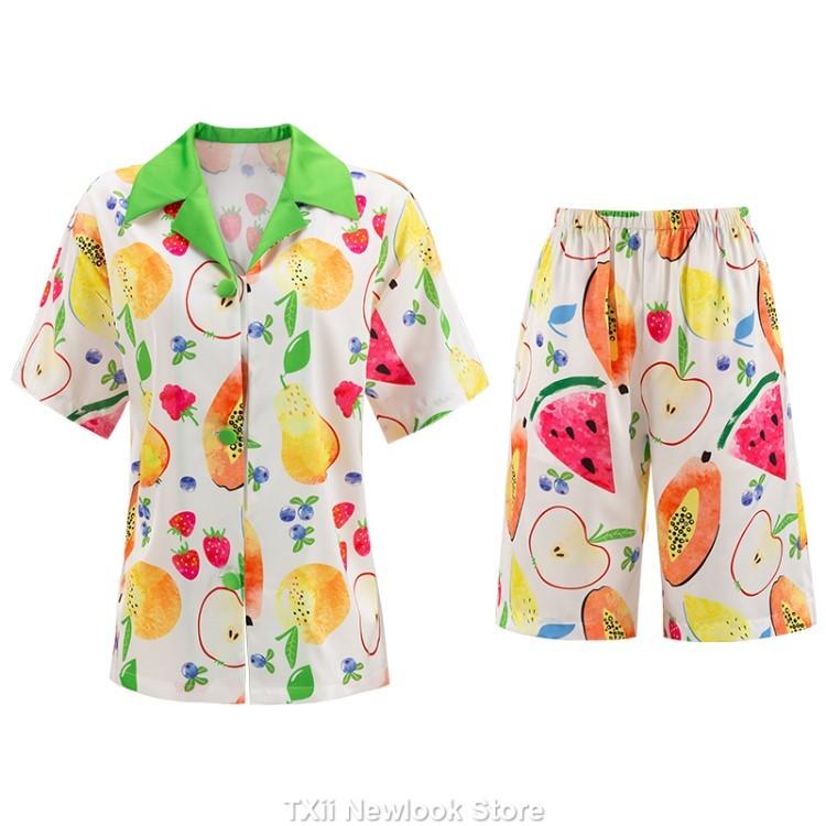 

Летний чувственный комплект пижамы с короткими рукавами из ледяного шелка с принтом + комплект с длинными рукавами XL