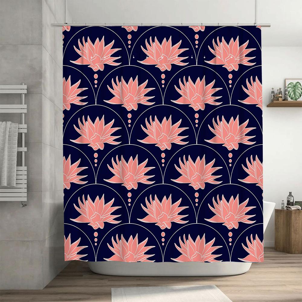 Pink Lotus Printed Shower Curtain Waterproof Fabric for Bathrooms Decor, Home Garden Supplies Bathroom Accessories Navy Blue Col