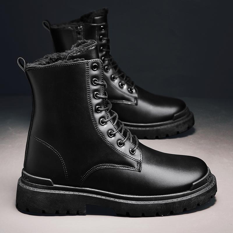 Men's warm plush high-top boots winter new soft-sole non-slip outdoor casual boots fashion snow work shoes black leather boots
