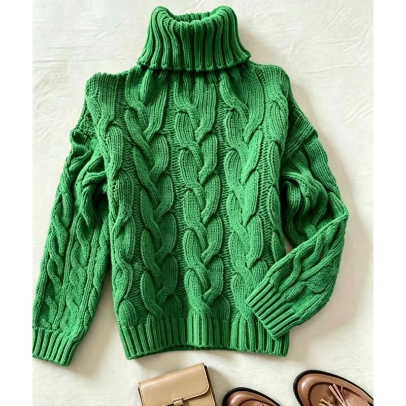 Womens High Neck Long Sleeve Knit Sweater With Twisted Cable Soft Acrylic Loose Fit Casual Fall Winter Fashion
