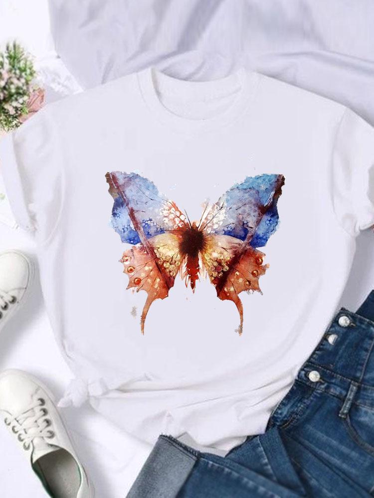 Kortärmade T-shirts Dam T-shirt Tryck Sommar Tecknad Fjäril Trend Söt Skjorta Dam Grafisk T Topp T-shirt Mode Kläder