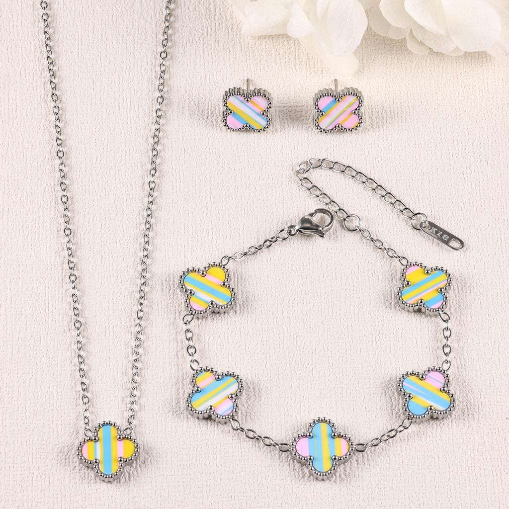 Conjunto de Brincos, Pulseira e Colar de Trevo 3 Peças Acessórios de Moda Coloridos de Luxo Leve