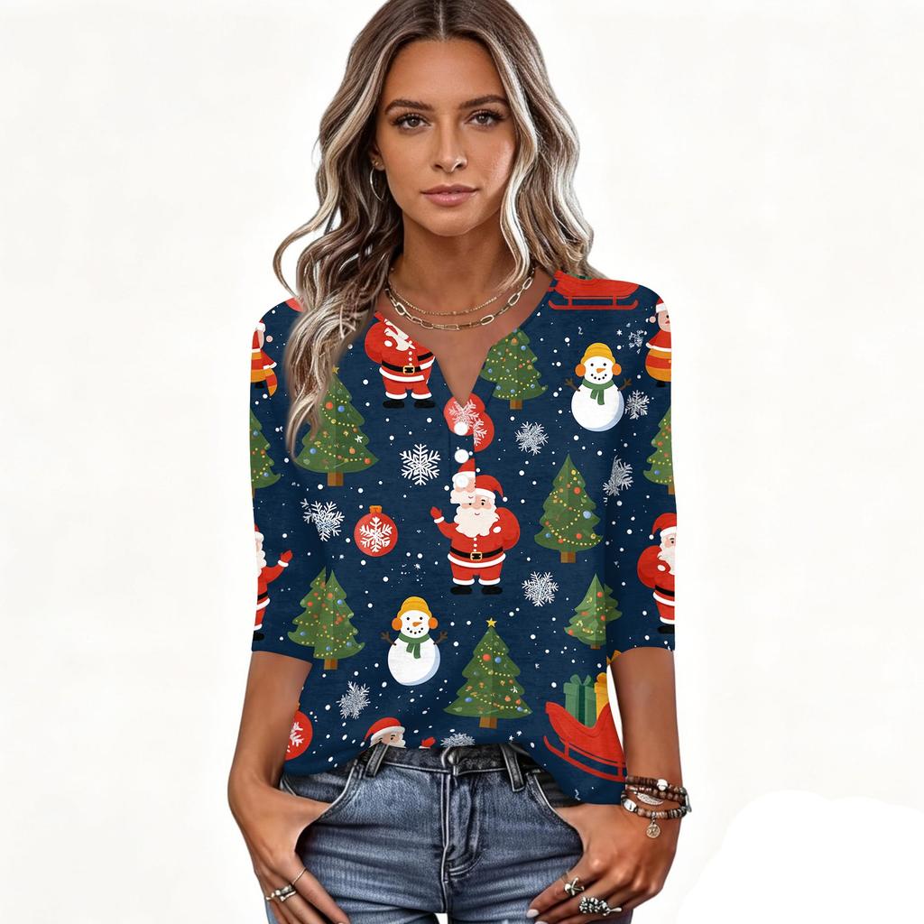 Women's Fashion Casual Christmas Print V-Neck Button Three-Quarter Sleeve T-Shirt Blouse