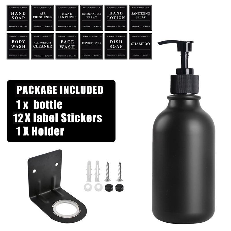 500ml Matte Black Lotion Bottle Plastic Refillable Bottle with Labels Wall-mounted Lotion Bottle Holder Shampoo Conditioner