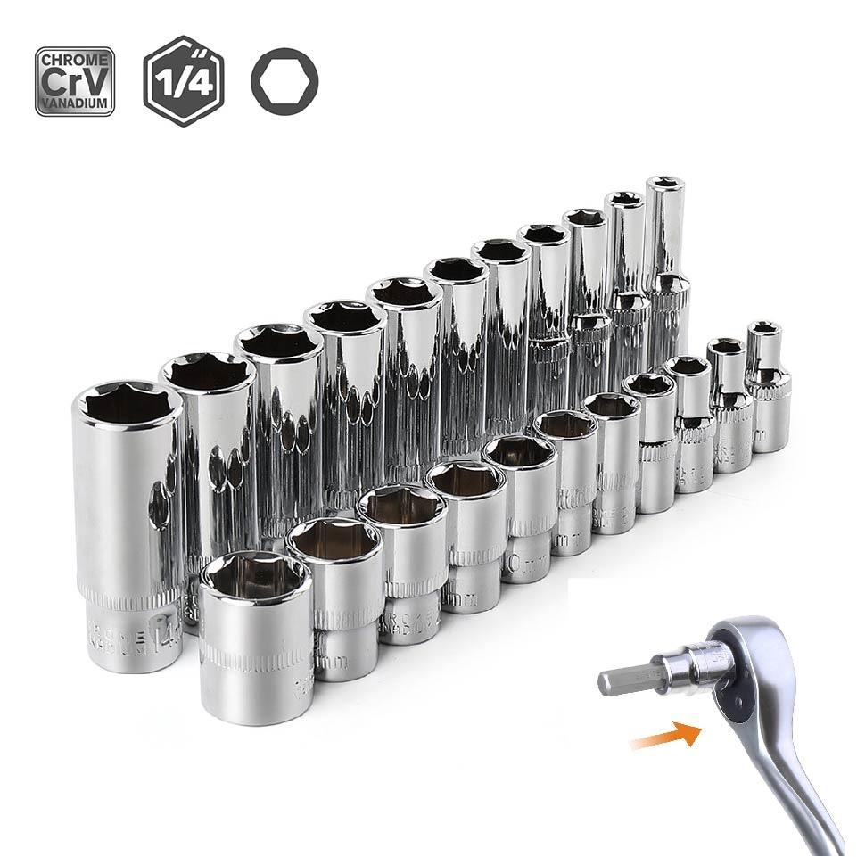 13pcs Short/11pcs Deep Hi-Spec 1/4 Socket Set Adapter Short Long Sockets 4-14mm Deep Socket Tool Heads Torque Spanner Ratchet Socket Wrench