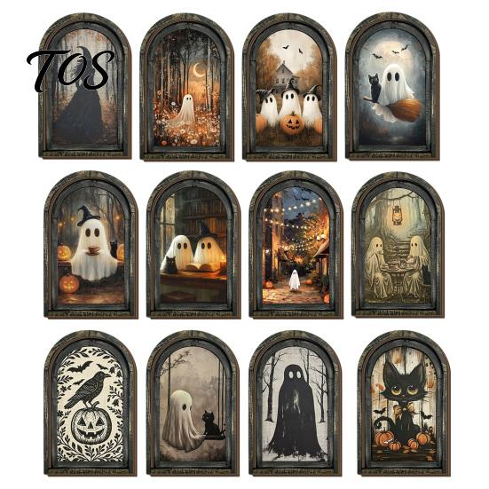 Solid Wood Picture Frame Halloween Vintage Arch Wooden Sign, Gothic Spooky Ghost Wall Hanging Decor Dark Academia with Bracket, Rustic Aesthetic Home