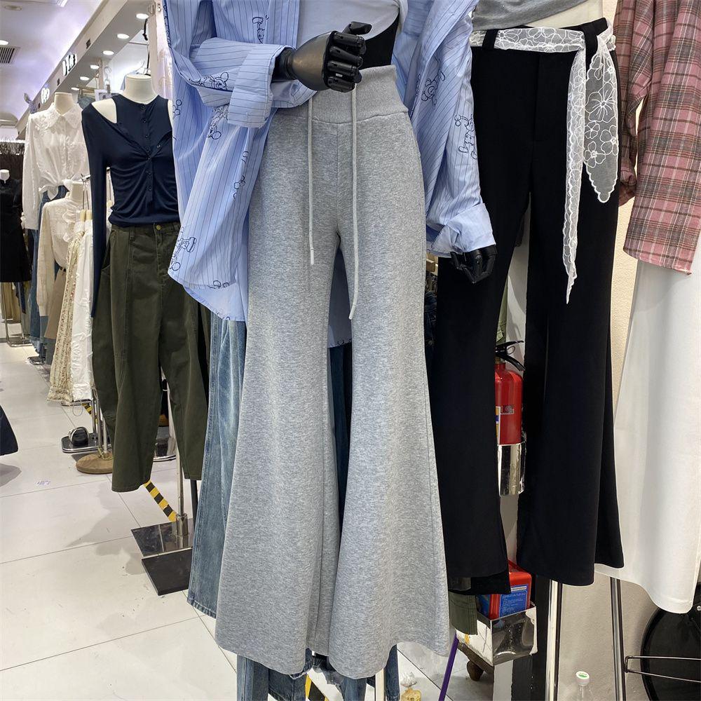 Women s Gray High-Waisted Patchwork Wide-Leg Flare Pants with Drawstring Small