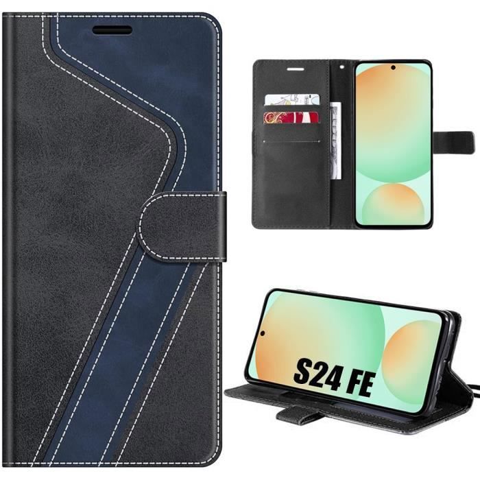 Coque de protection - BOOLING - pour Samsung Galaxy S24 FE - Cuir PU Noir-Bleu - Semi-rigide - Bicolore
