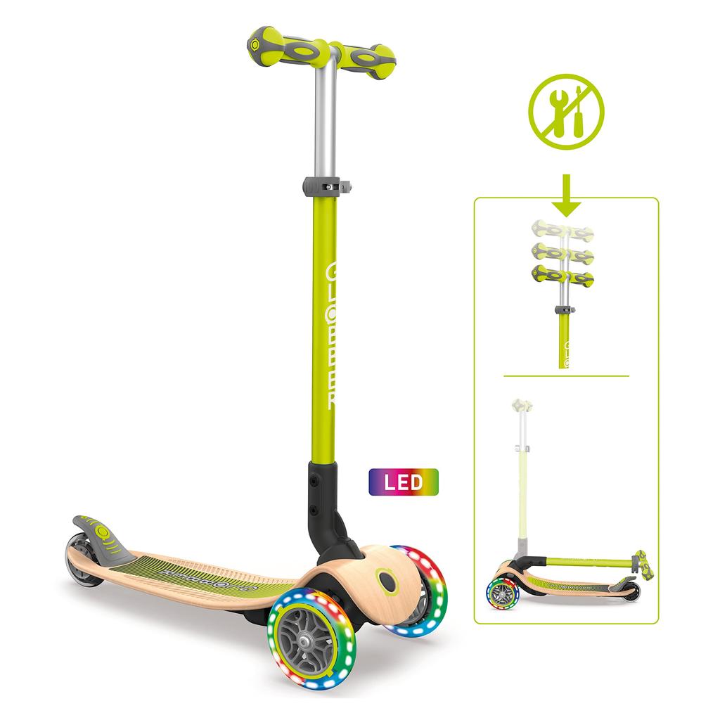 GLOBBER Kickboard Flash Glowing 3 Wheel Wood Deck Foot Brake Outdoor Play Children Vehicle Kick Scooter Lime Green WLGB436106