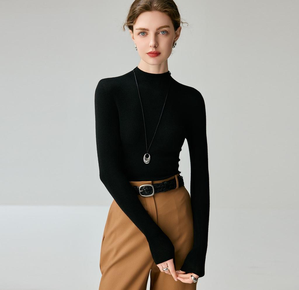 Women's Slim-Fit Wool High-Neck Sweater - Solid Color, Long Sleeve, Autumn/Winter Style
