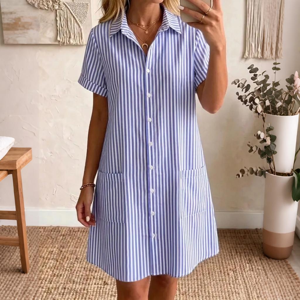 Women's Loose Fit Plus Size Striped Short Sleeve Shirt Dress Casual Mid Length Button Down Dress with Pockets Summer Style