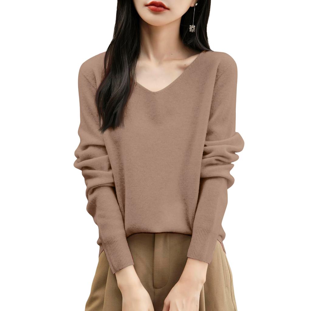 Women's Fashion Flat-Knit V-Neck Pullover Sweater Solid Color Long-Sleeve Top