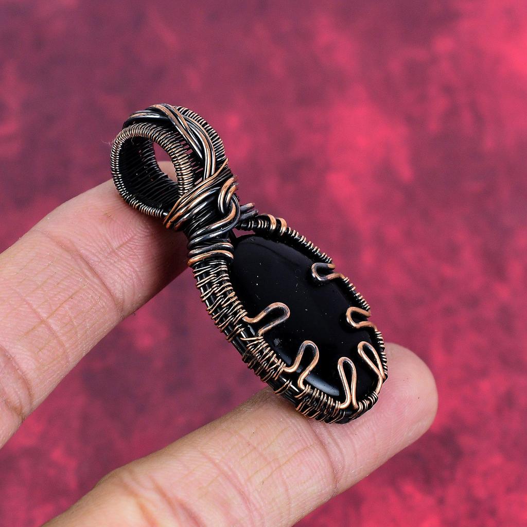 Black Onyx Pendant Copper Wire Wrapped Pendant Handmade Pendant Black Onyx Gemstone Jewelry Decent Pendant Gifts for Mom Copper Wire Jewelry