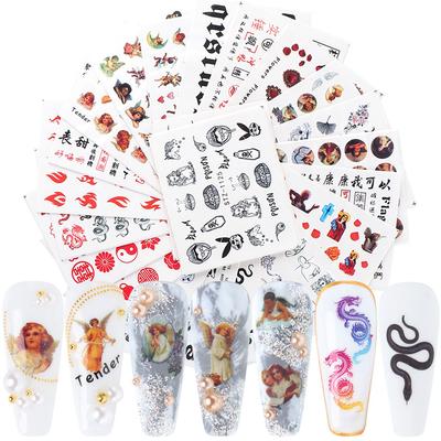 24 Pcs Nail Decals Set Angel Dragon Design Water Sticker Sliders Manicure Charms Tip Decor Nail Art Accessories