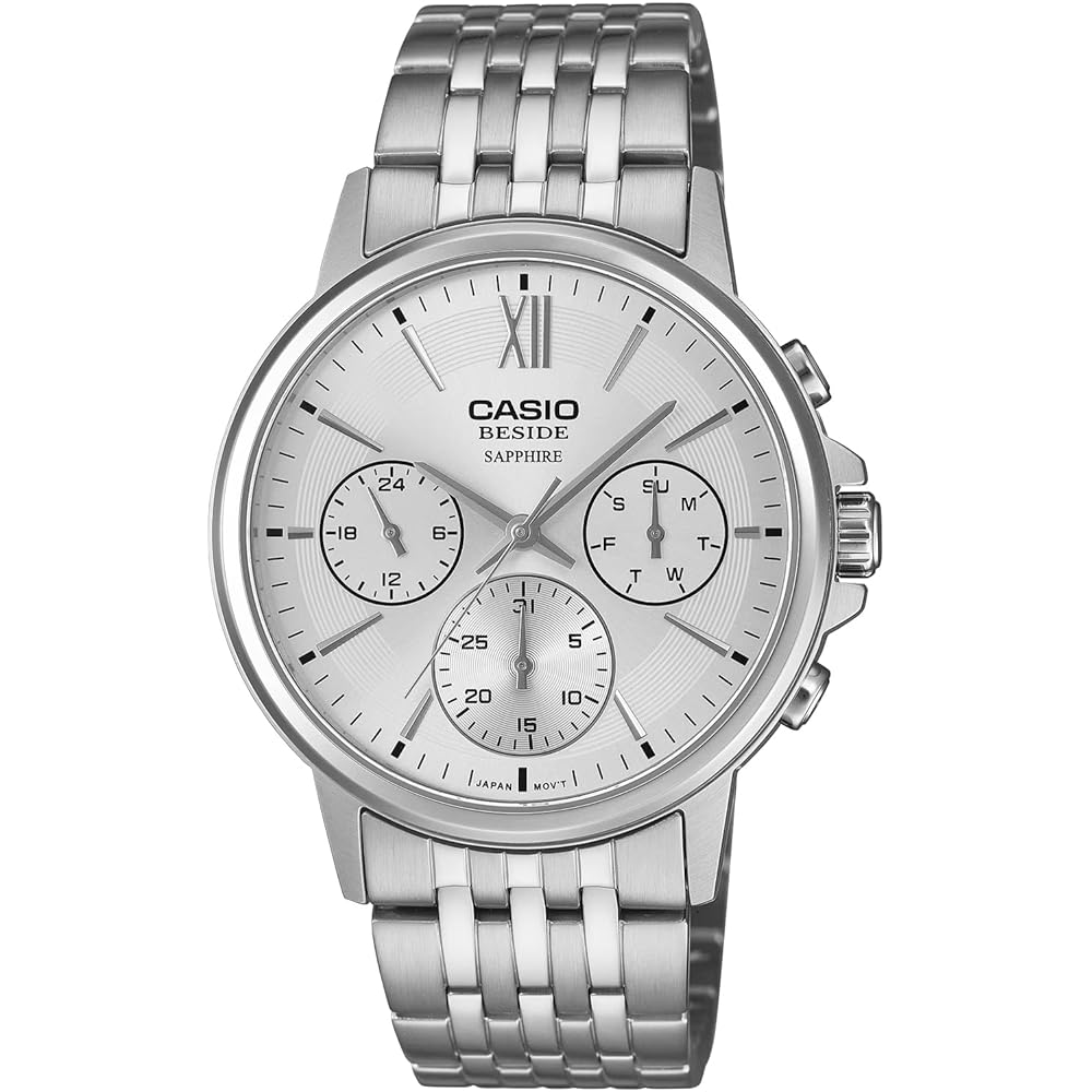 Casio Beside Quartz Men s Watch Sapphire Glass BMS-300D-7AV Stainless Steel Band 24-Hour Display Silver