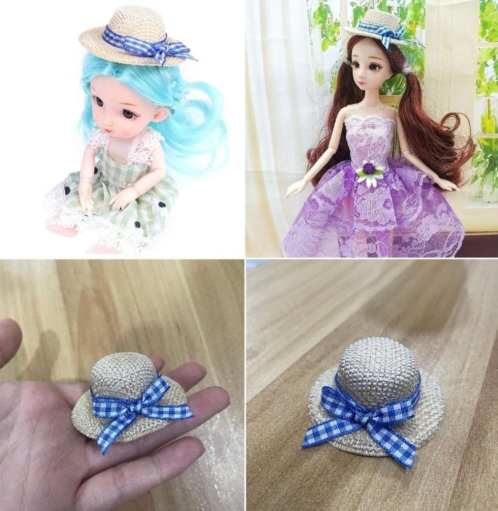 [Zixui] Mini Doll Hats, Straw Hats, Actress Hats, Handwoven Mini Doll Hats, Set of 2 with Bows, Doll Ornaments, Dollhouse Accessories, DIY Crafts,