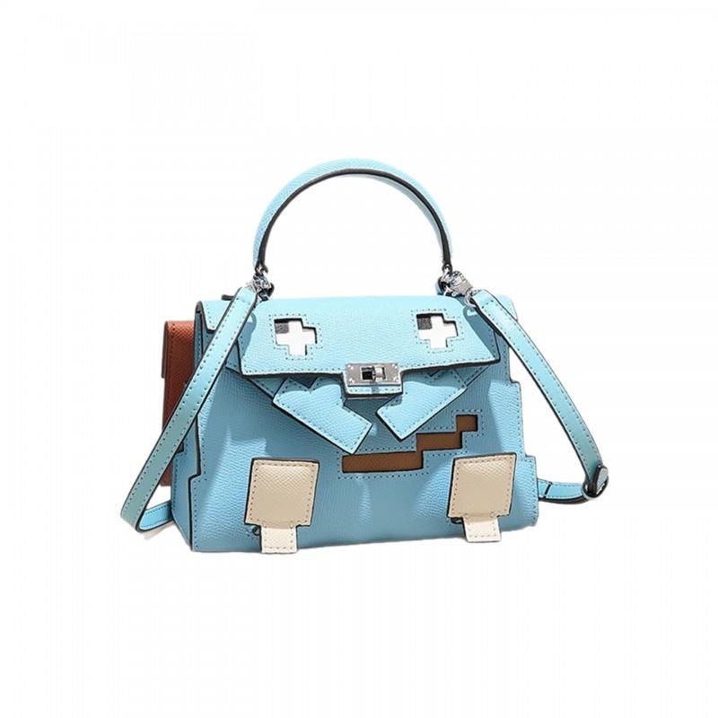 2026 Color Block Leather Tote Crossbody Bag Mini Square Cartoon Smile Handbag Women