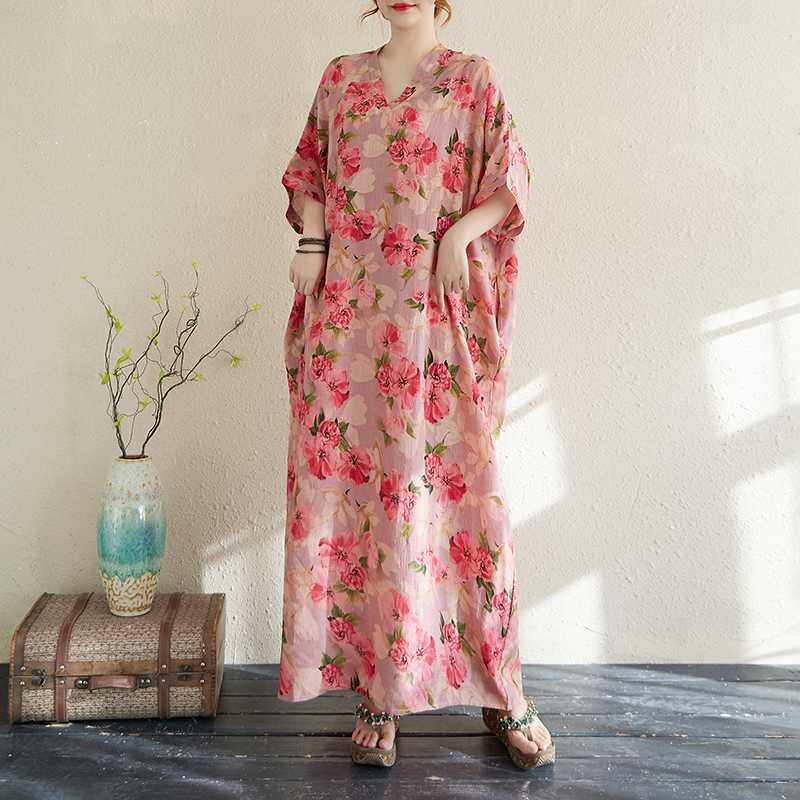 Summer Color Travel V-neck Retro Long Skirt Cotton Linen Dress
