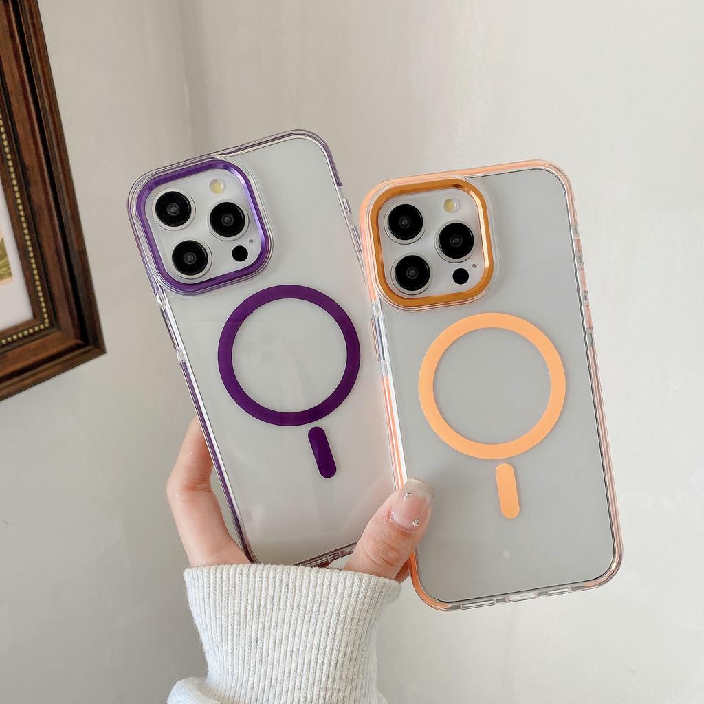 Anti Slip Colored Edge Airbag Anti Drop for IPhone 15 Magnetic Phone Case for Apple 14promax Metal Lens Ring