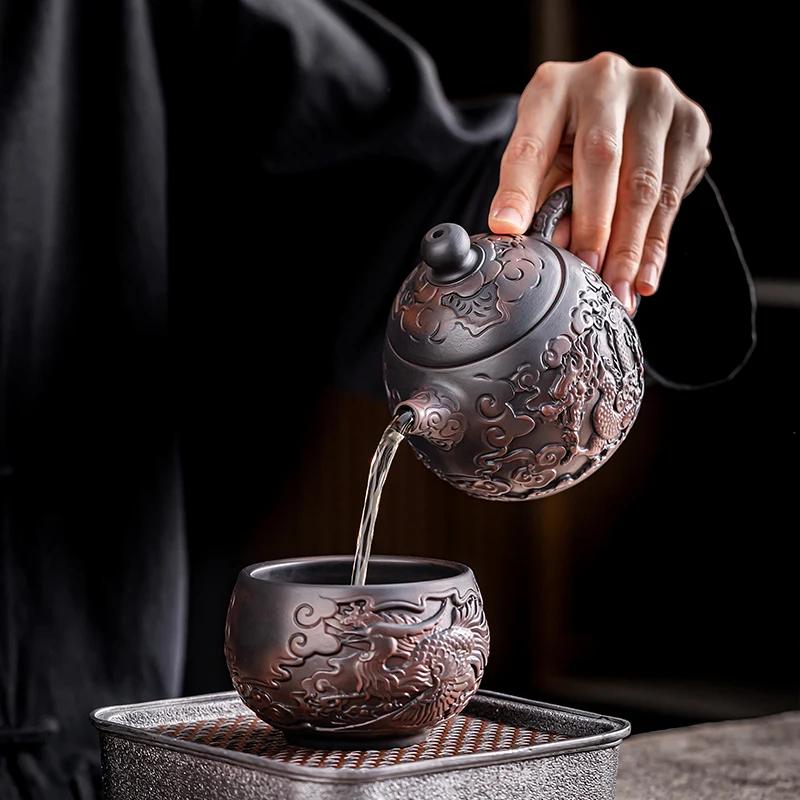 Retro Carving Purple Pottery Teapot Ceramic Household Kettle Pot Kung Fu Tea Set  Pure Handmade Teapot Teapot for Tea Puer Tea
