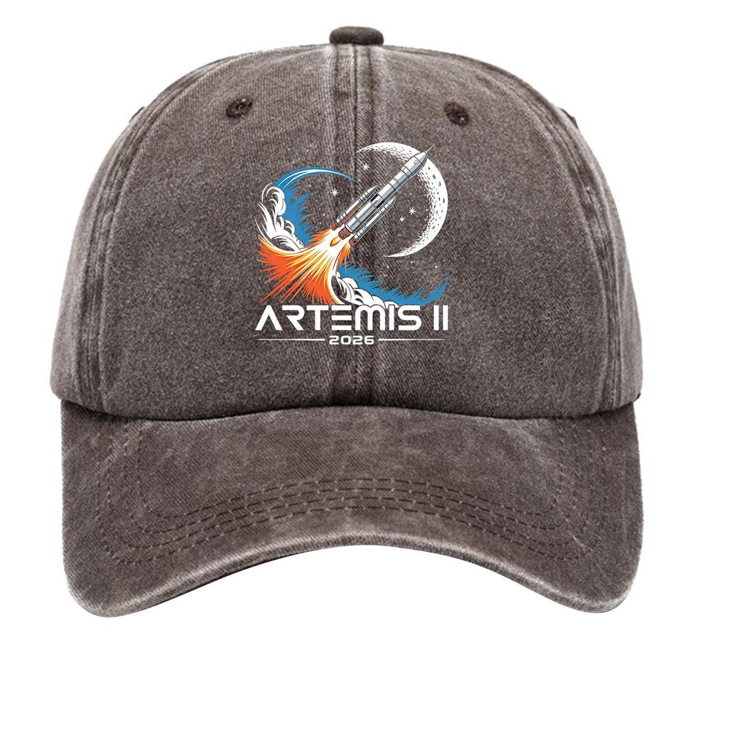 Washed Cotton Baseball Cap Vintage Style Soft Top Denim Hat with Printed Rocket and Moon Design Adjustable Closure for Casual Wear