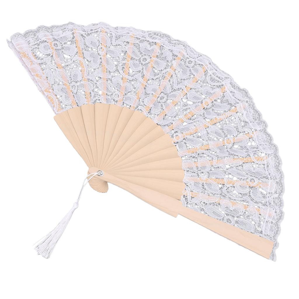 Lace Handheld Chinese Folding Fan Elegant Lace Hand Fan with Tassel for Women Wedding Decoration Dancing Party