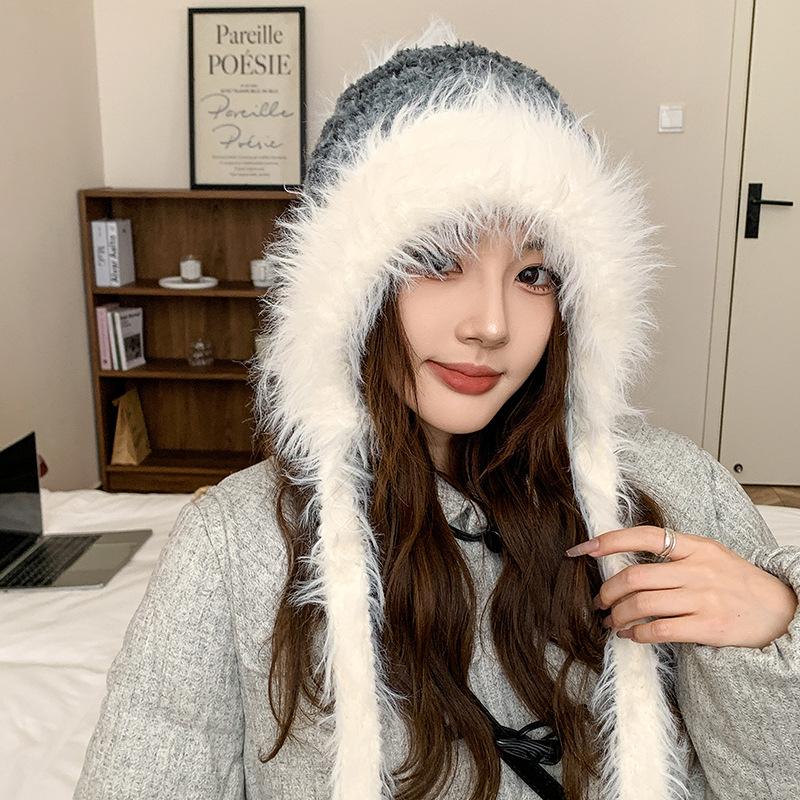 

Autumn and Winter New Warm Furry and Cute Ear Protection Hat for Women with Dopamine Straps Korean Style Lei Feng Plush Hat To Keep Out The Cold M（54-58cm）