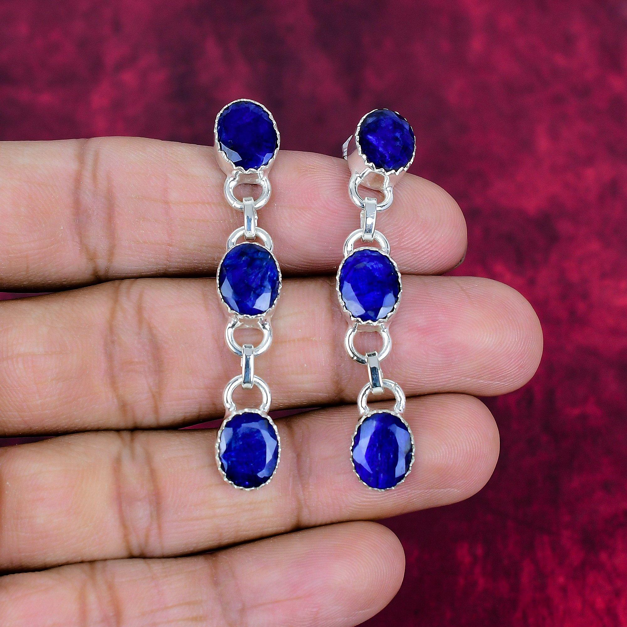 

Серьги с синим сапфиром, серьги с драгоценными камнями ручной работы, серьги из цельного серебра 925 пробы, антикварные ювелирные изделия, для подарка на помолвку 2.17 Inches синий