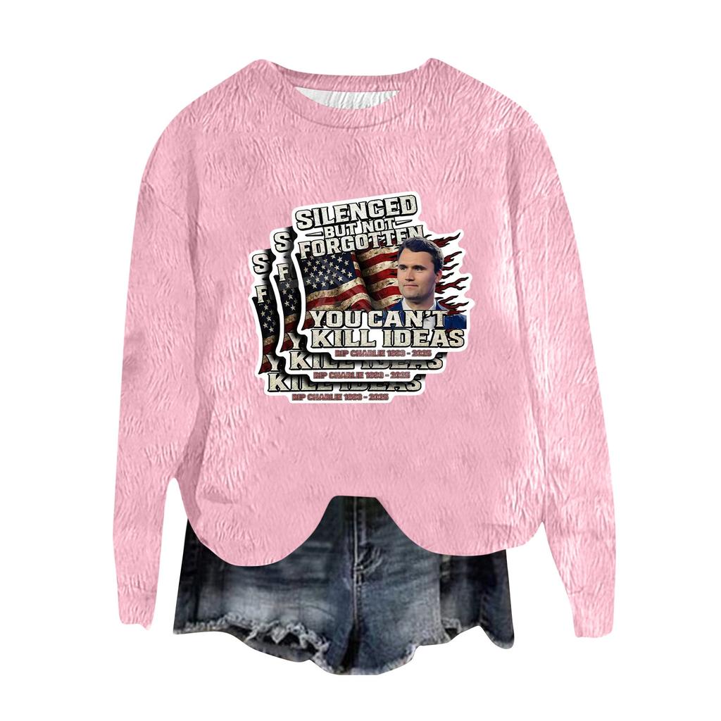 Women's Fashion Round Neck Pullover Top Long Sleeve Tee Printed Sweatshirt