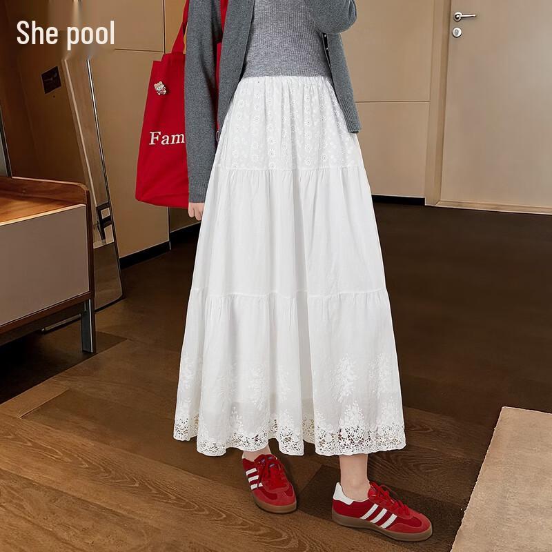 Women s Elastic Waist Lace A-line Midi Skirt XL