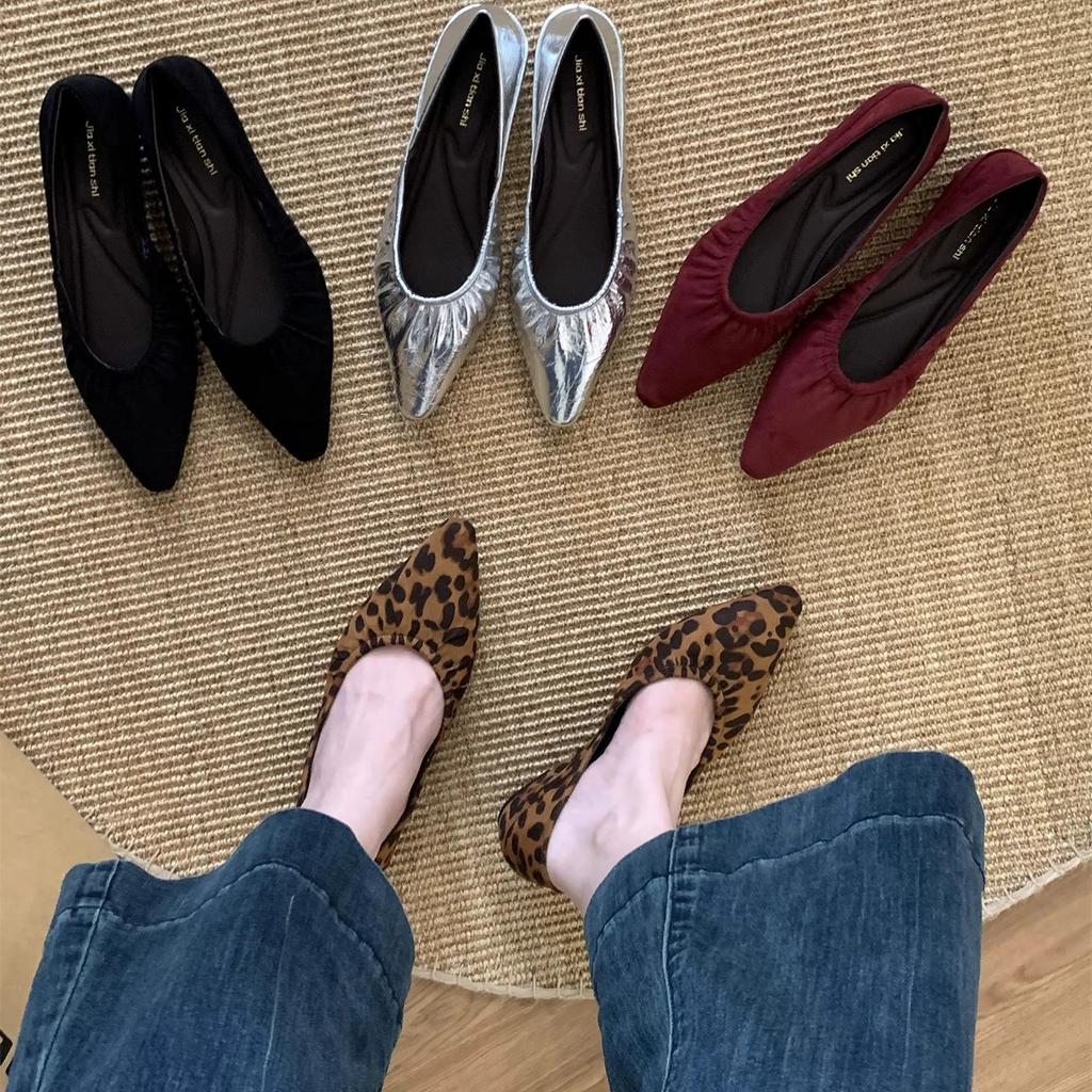 Inner Heightening Pointed Leopard Print Single Shoes Women's Shoes 2025 New Summer Silver Temperament Folds with Skirts Evening Shoes