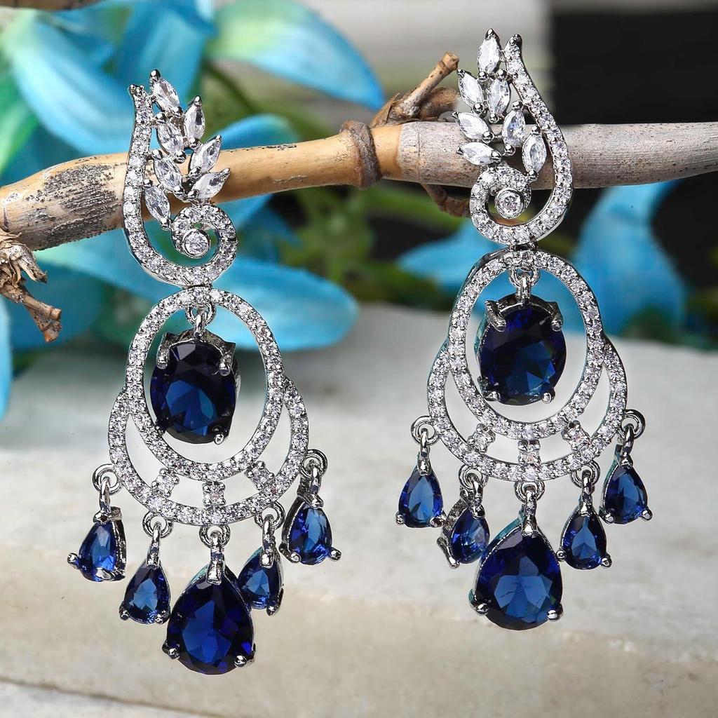 Rhodium-Plated American Diamond Studded Oval & Leaf Shaped Drop Earrings For Girls and Women