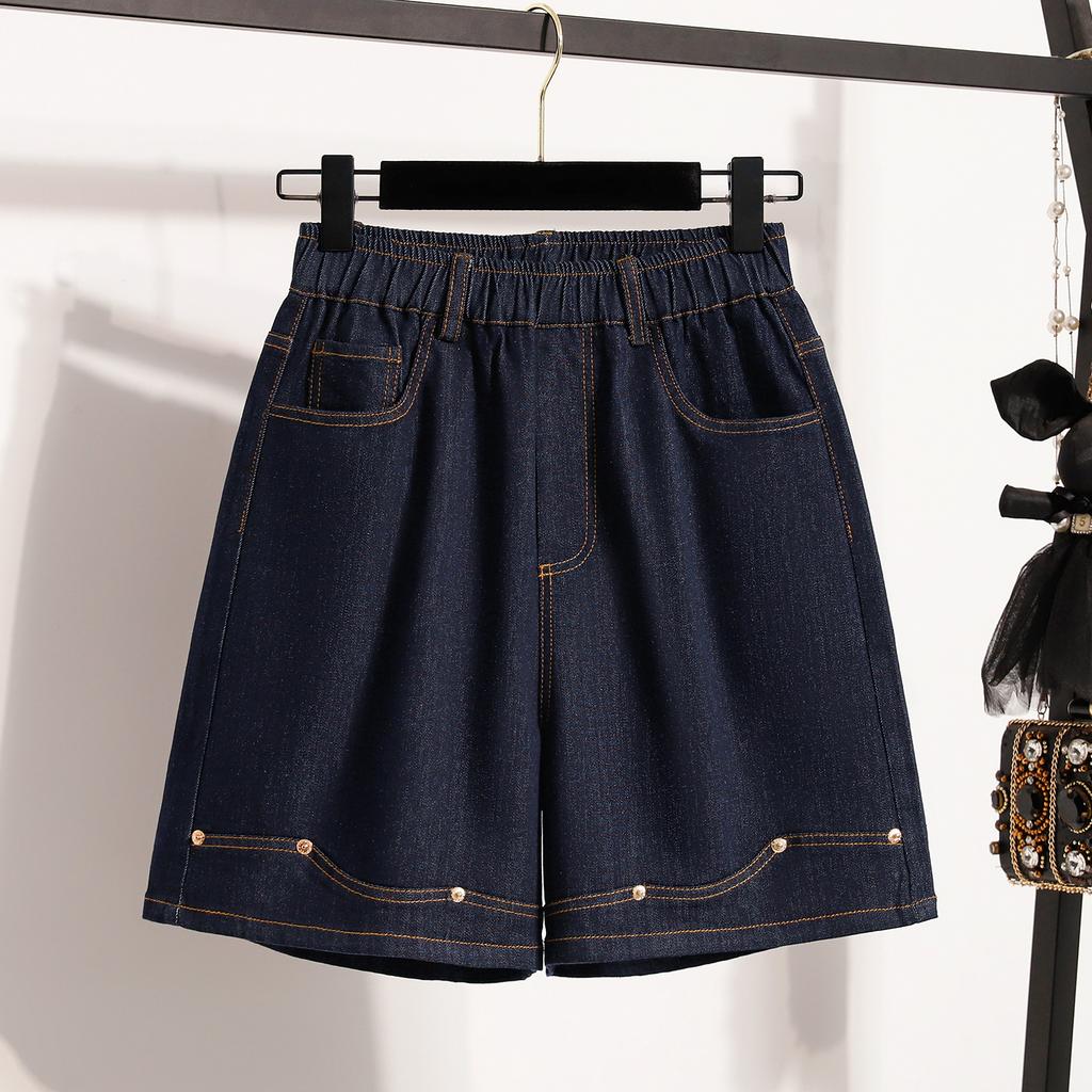 DIMANAF Plus Size 2025 Women Jeans Shorts Elastic Waist Pants Summer Loose Basic High Waist Blue Pants