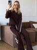 Completo casual da donna con bordi in pizzo, colletto ripiegabile, maniche lunghe e pantaloni per Primavera/Autunno