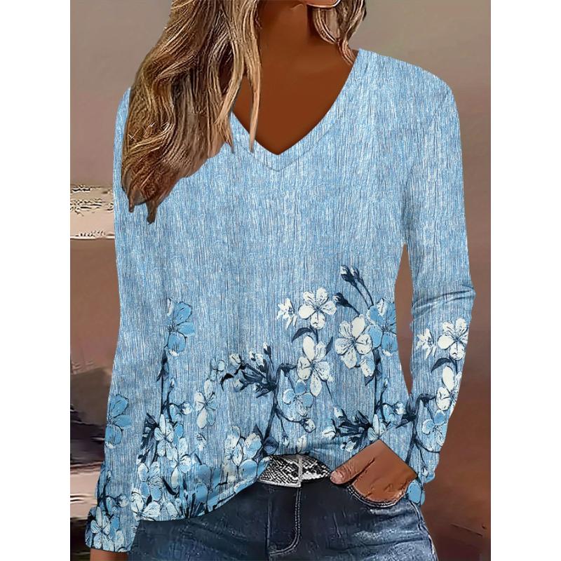 Women's Elegant V-Neck Marble Print Long Sleeve T-Shirt Soft Polyester Great for Autumn and Winter Casual Wear Floral Print Tops