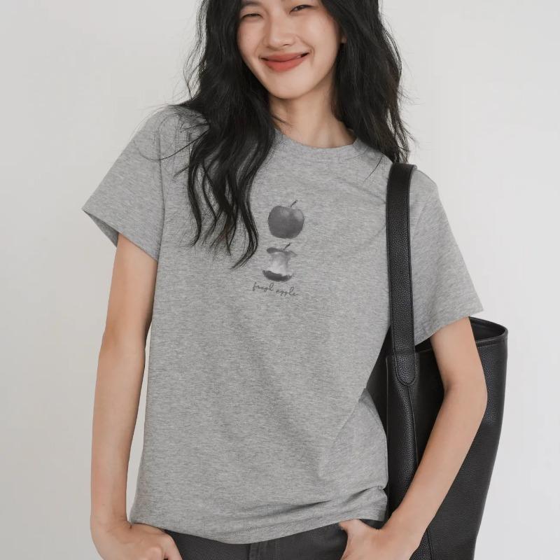 Black Loose Commuting T-shirt for Women Summer New Round Neck Short-sleeved Printed Versatile Casual Top