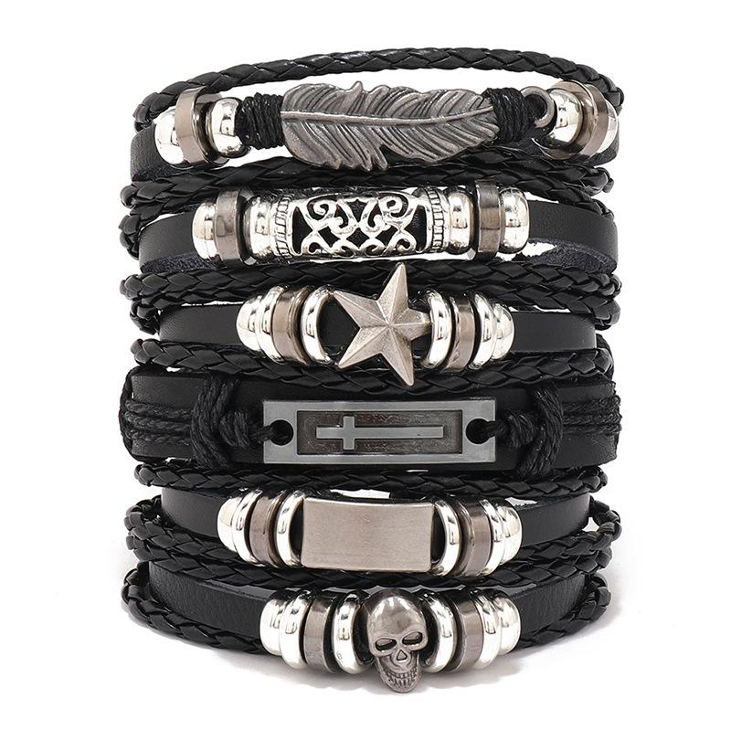 Vintage Punk Style Woven Leather Bracelet DIY Fashion Bangles with Feather Cross Accessories for Men