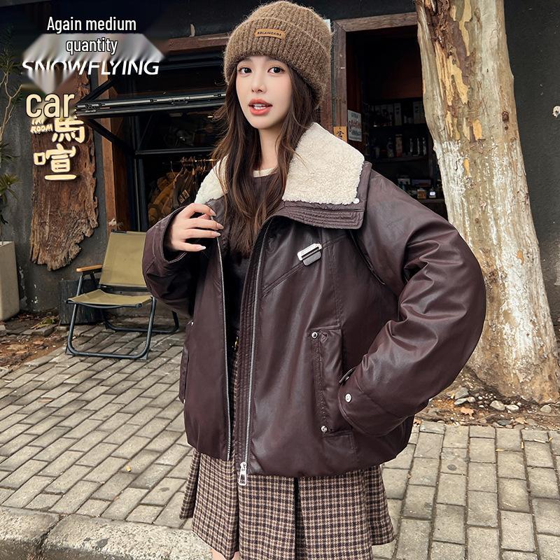 

Snow Flying Женское пуховое пальто из кожи высокого класса с меховым воротником - Зимняя верхняя одежда малого размера, защищающая от холода M кофейный