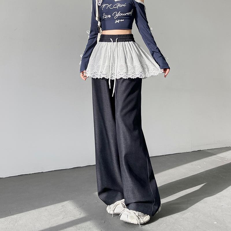 Lace Straight Casual Pants Spring and Summer New Loose Elastic Waist Wide Leg Mopping Trousers