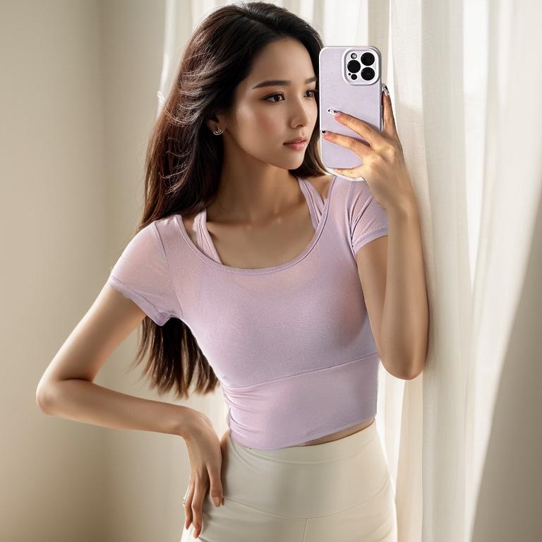 Polstrovaný Top Pilates a Jóga Krátký Rukáv Letní Sportovní Dvoudílný Outfit