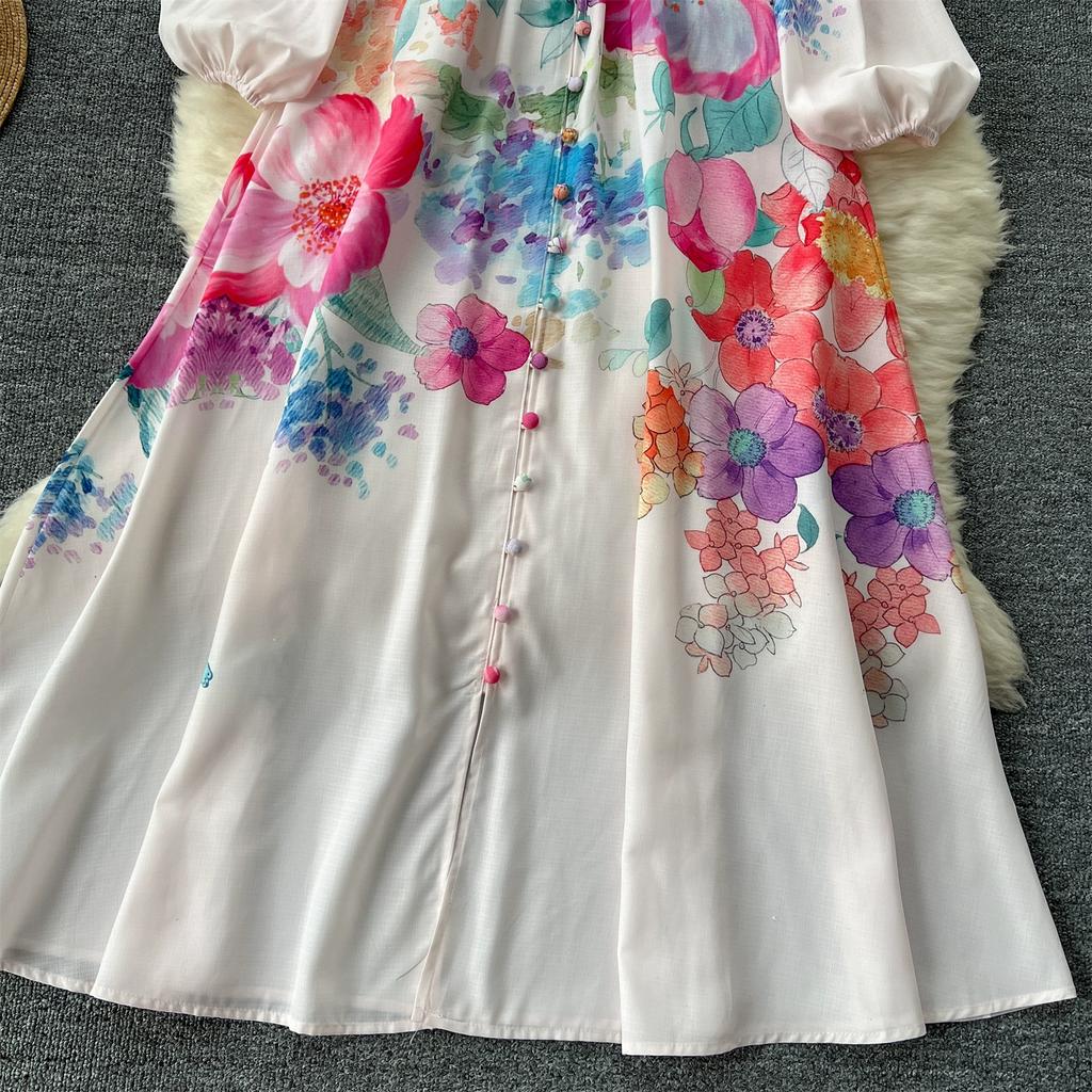 Spring Autumn Women Vintage Print Single Breasted Long Maxi Party Dresses With Belt