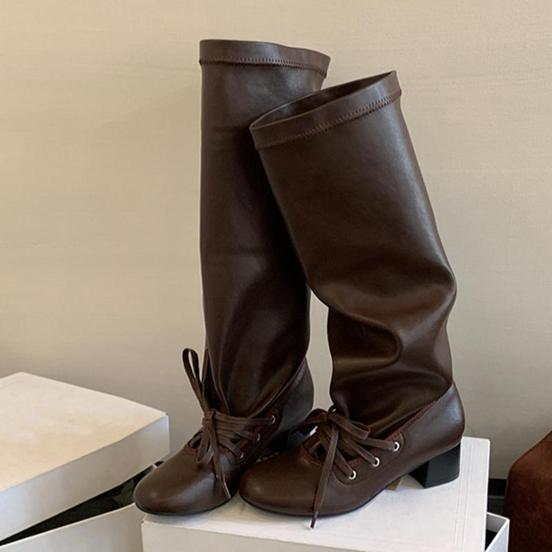 

Мода Liyke Новая Мода Круглый Носок Шнуровка Плиссированные Сапоги до Колена Женские Низкий Квадратный Каблук Осень Зима Кожа Женская Обувь Ботильоны 35 коричневый