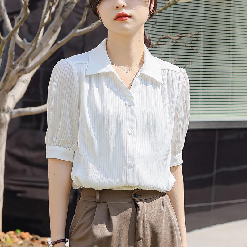 Positive Shoulder Short-sleeved Chiffon Shirt Women's Summer V-neck Blouse Shirt Tops