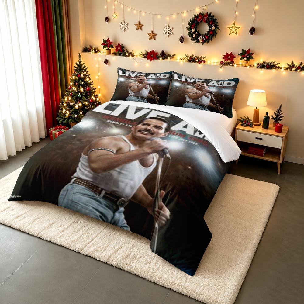 3 Piece Bedding Set with Duvet Cover and 2 Pillowcases - Freddie Mercury Live Aid 1985 Wembley Print - White Tank Music Decor for Fans