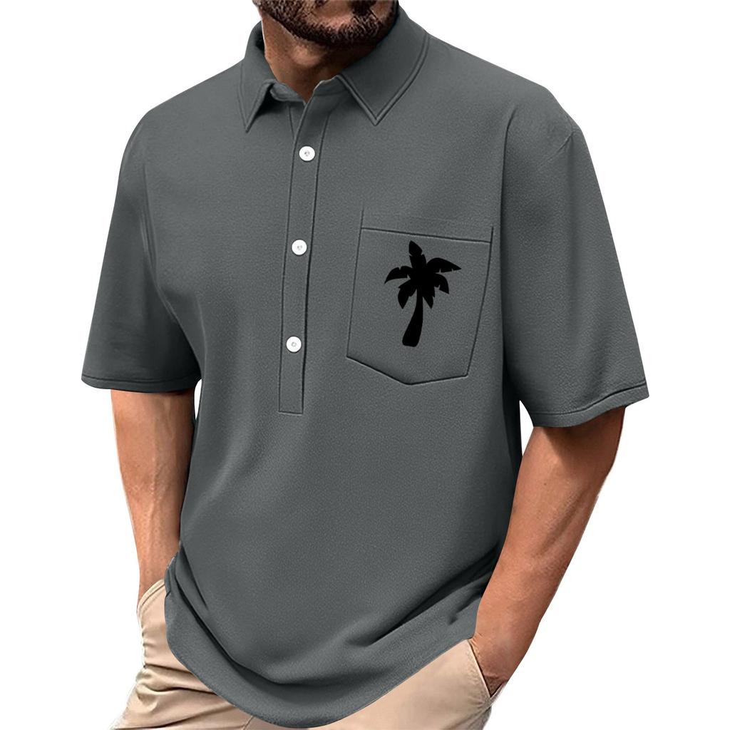 Men's Summer Solid Color Print Four-sided Stretch Lapel Button Pocket Shirt Casual Sports Short-sleeved Top