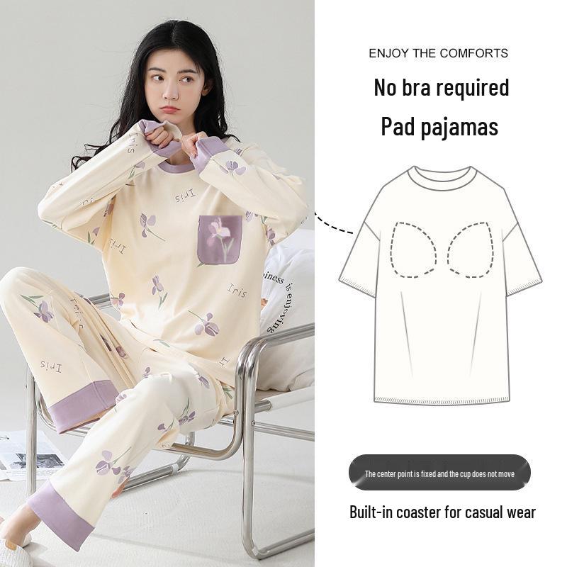 Women's Cartoon Long-Sleeve Pajama Set with Chest Pads – Loose, Casual, Round Neck, Suitable for Spring and Autumn, Indoor and Outdoor Wear