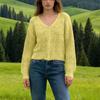 Women Lightweight V Neck Button Front Knit Sweater Openwork Pattern Long Sleeve Casual Pullover Top