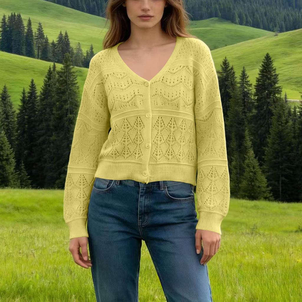 Women Lightweight V Neck Button Front Knit Sweater Openwork Pattern Long Sleeve Casual Pullover Top