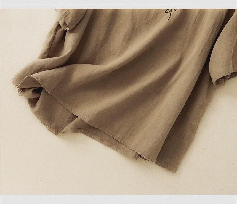 Damski letni etniczny haftowany bawełniano-lniany luźny T-shirt z krótkim rękawem